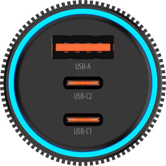 Forever Încărcător Auto 66W Încărcare Rapidă cu Porturi: 1xUSB 2xType-C Negru Culoare