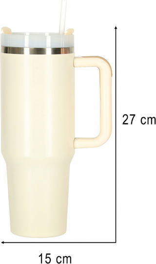 ikonka Pahar cu mâner Termos Oțel inoxidabil / Plastic 1.2lt Cream cu Pai și Mâner
