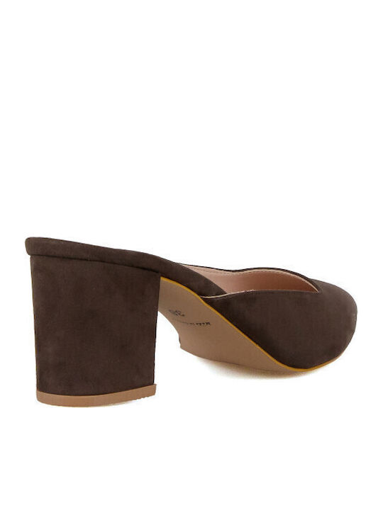 Suede Mules with Heel in Brown Color