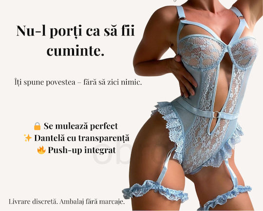 Sexy Dessous-Sets Straps Erotische Spitze Push-up Bodysuit Blau