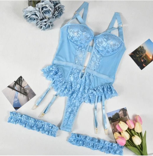 Sexy Dessous-Sets Straps Erotische Spitze Push-up Bodysuit Blau