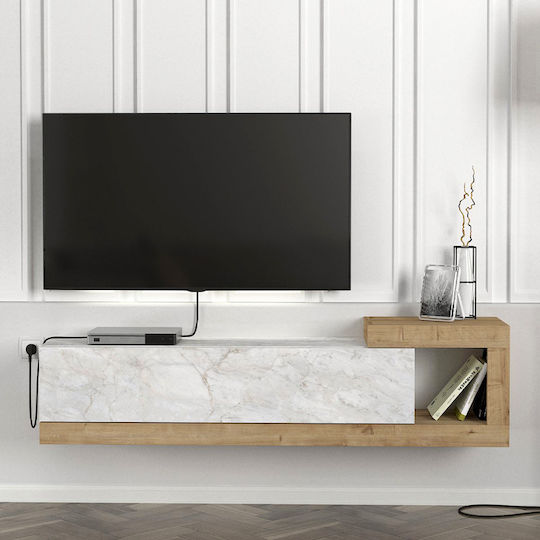 Телевизионно Мебелче Volare от Метал и Дърво Бял Мраморен Ефект - Sapphire Oak Д150xД29.6xВ38.6см