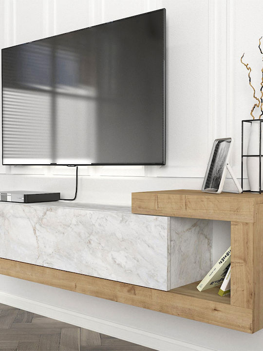 TV Stand Volare Made of Metal & Wood White Marble Effect - Sapphire Oak L150xD29.6xH38.6cm