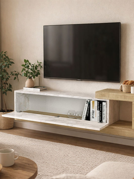 TV Stand Volare Made of Metal & Wood White Marble Effect - Sapphire Oak L150xD29.6xH38.6cm