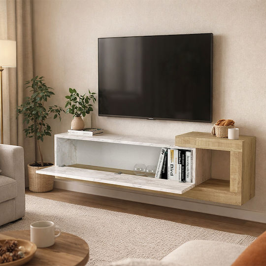 Телевизионно Мебелче Volare от Метал и Дърво Бял Мраморен Ефект - Sapphire Oak Д150xД29.6xВ38.6см