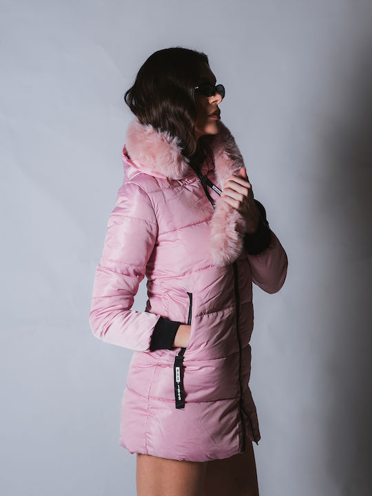 Women's Long Puffer Jacket Waterproof for Winter with Hood Pink