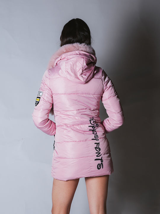 Women's Long Puffer Jacket Waterproof for Winter with Hood Pink