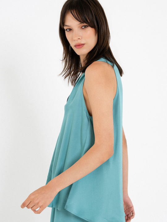 Damen Bluse Satin Ärmellos mit V-Ausschnitt Teal