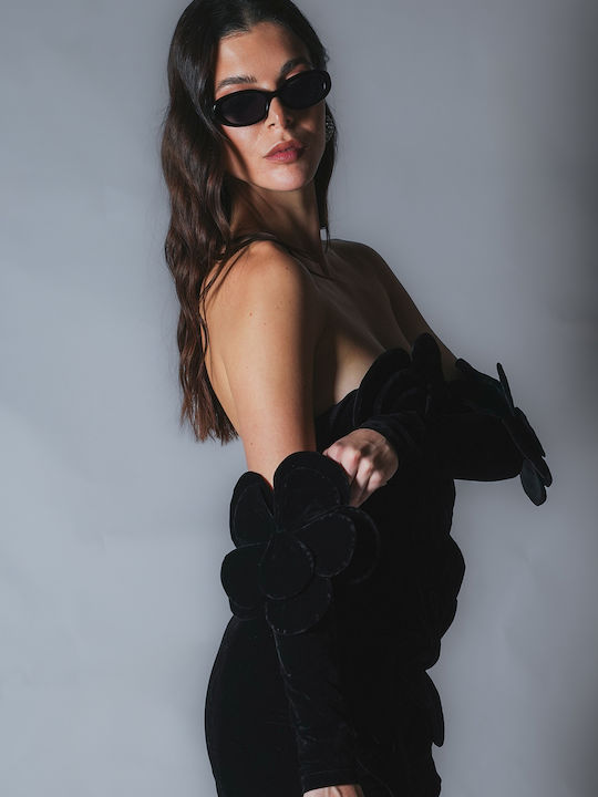 Mini Βραδινό Φόρεμα Strapless Βελούδινο Εξώπλατο Μαύρο