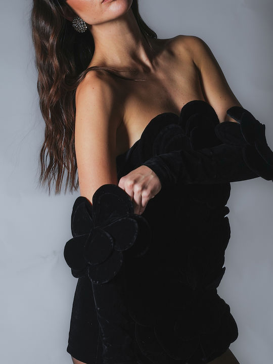 Mini Βραδινό Φόρεμα Strapless Βελούδινο Εξώπλατο Μαύρο