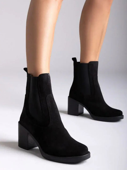 Leder Damen Stiefeletten mit Hohem Absatz Schwarz