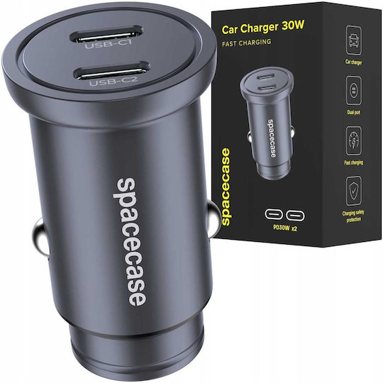 Spacecase Auto-Ladegerät 30W Schnellladung mit Anschlüssen: 2xType-C Schwarz Farbe