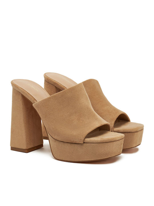 Damen Pantoletten mit Chunky Hoch Absatz in Beige Farbe