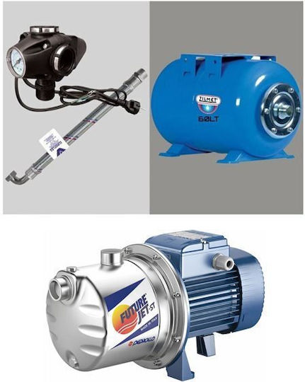 Pedrollo MONTAGE JCRm 2A + Einphasig Wasserdruckpumpe mit Horizontal Behälter 60 Liter 1.25hp