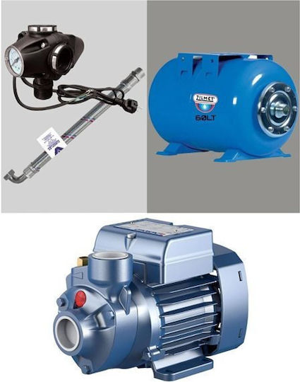 Pedrollo MONTAGE PKm 80 + Single Phase Water Pressure Pump with Horizontal 60 Litre Container 1hp