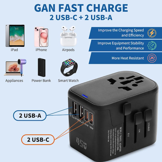 Steckdosenadapter von England auf Universal mit 4 USB-Anschlüssen