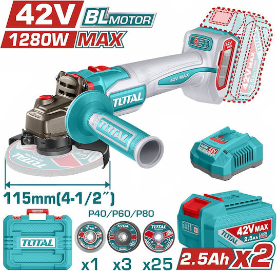 Total TAGLI4128112E Τροχός 115mm Μπαταρίας Brushless με Ρύθμιση Στροφών 2x2.5Ah