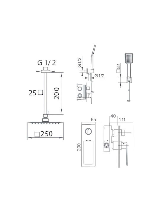 Imex Built-in Mixer, Hand Shower & Shower Head Set for Shower 2 Exits Black
