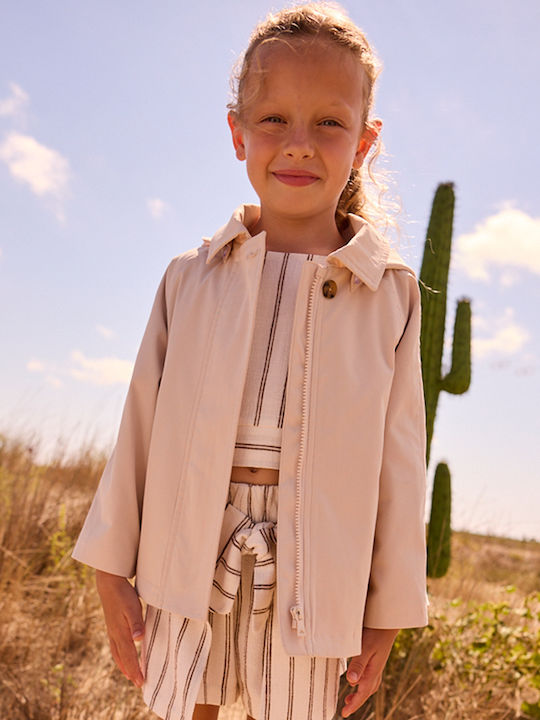 Kids Long Windproof Coat with Hood Ecru