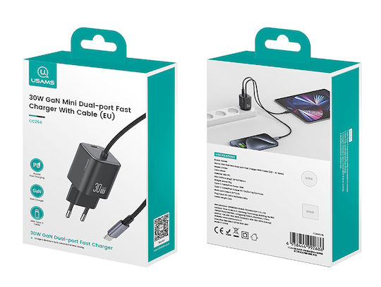 Usams Ladegerät mit integriertem Kabel GaN mit USB-C Anschluss USB-C 30W Schwarzs (CC264)