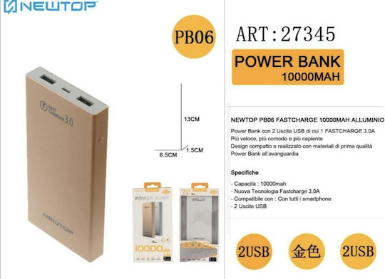 Newtop PB06 Power Bank 10000mAh cu 2 Porturi USB-A Quick Charge 3.0 Aur