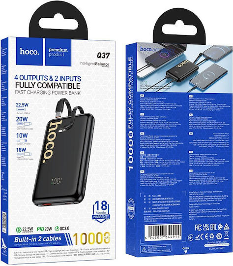 Hoco Q37 Power Bank 10000mAh 22.5W with USB-A Port and USB-C Port Power Delivery Black