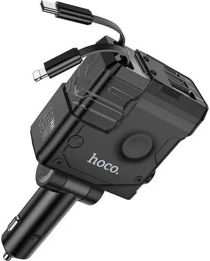 Hoco DZ23 Handy-Autoladegerät 45W 2.4A Schnellladen mit Anschlüssen 1xUSB-A 1xType-C mit Eingebettet Kabel Typ-C Lightning Schwarz Farbe
