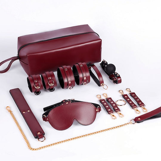 Smd House Discipline Luxury Bdsm Set Collar & Leash Wrist Ankle Cuffs Ball-gag Blindfold + Storage Bag Burgundy