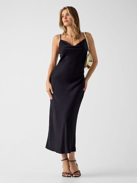 Akilina Sommer Midi Abend Damenkleid Slip Dress Satin Drapierung Schwarz