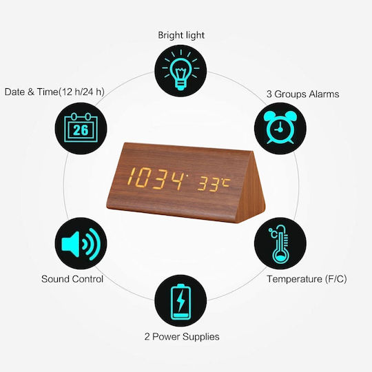 Uncle George Wooden Digital LED Table Clock with Alarm Brown 01.06.04-0005-BRWN (Various Colors)