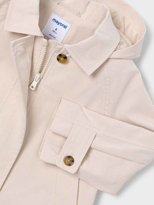 Kids Long Windproof Coat with Hood Ecru