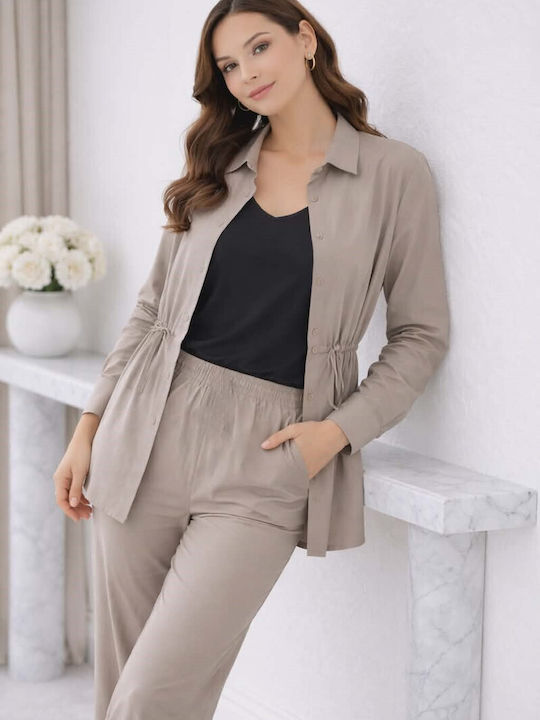 Women's Beige-nude Set with Pants with Elastic in Loose Fit