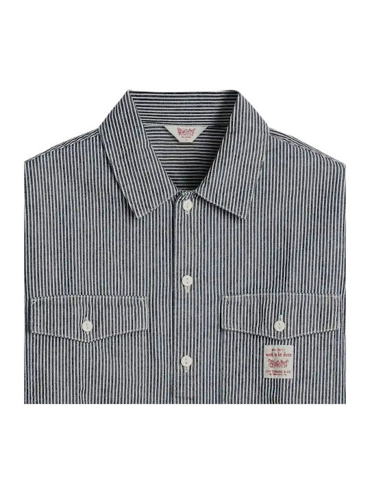 Worker Long Sleeve Denim Overshirt With Wide Line Striped Dark Wash