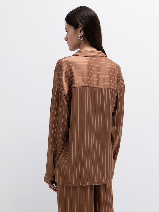 Women's Satin Striped Long Sleeve Shirt Brown