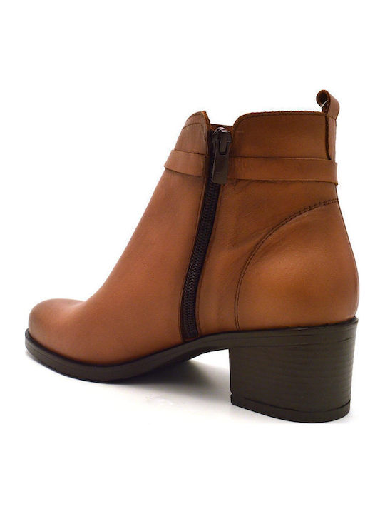 Leather Women's Ankle Boots with Medium Heel Tabac Brown
