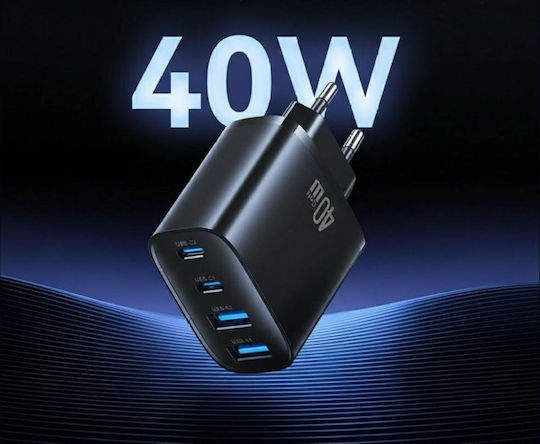 Usams Charger Without Cable with 2 USB-A Ports and 2 USB-C Ports 40W Power Delivery Blacks (T70)