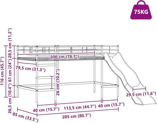 Pat pentru Copii Cușeta Single Alb pentru Saltea 85x205cm