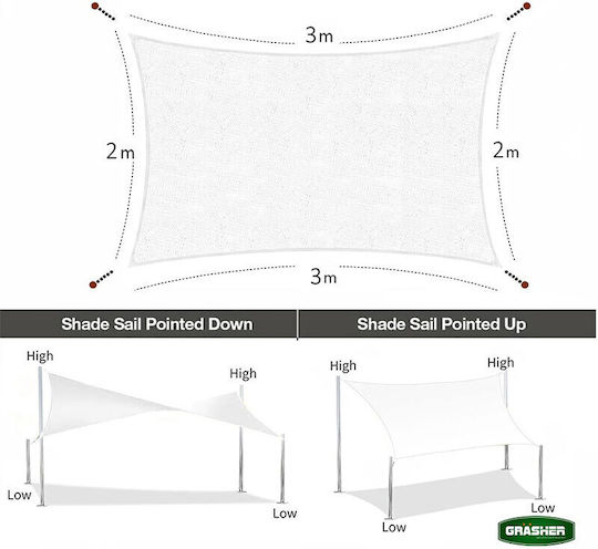 Grasher Rectangular Shade Sail White With Hoops 2x3m 180gr/m²