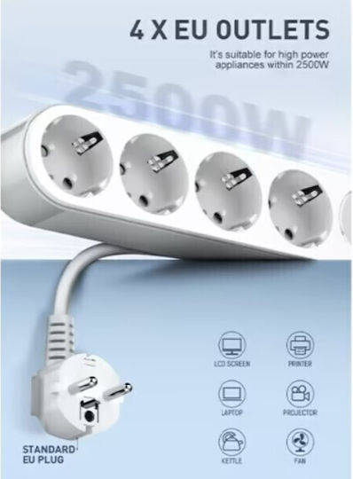 Ldnio Πολύπριζο με USB-A, USB-C, Διακόπτη και Καλώδιο 2m