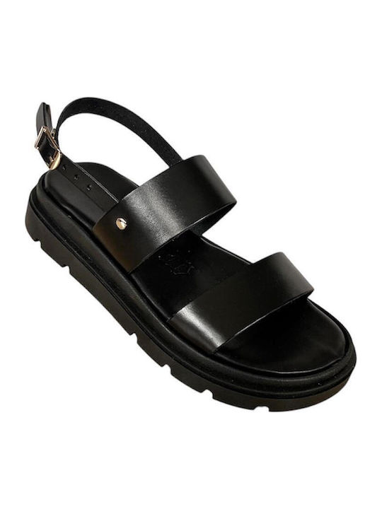Leather Women's Flat Sandals Flatforms in Black Color