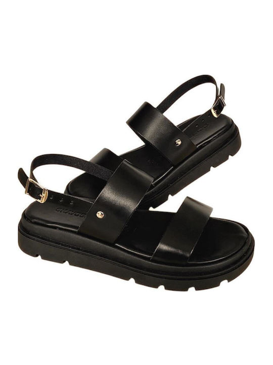 Leather Women's Flat Sandals Flatforms in Black Color