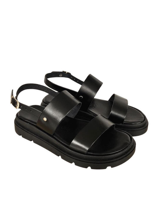 Leather Women's Flat Sandals Flatforms in Black Color