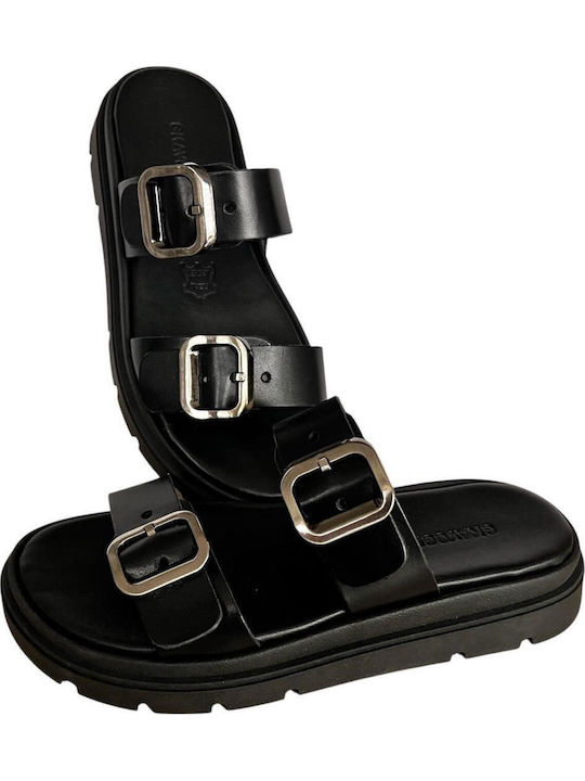 Leather Women's Flat Sandals Flatforms in Black Color