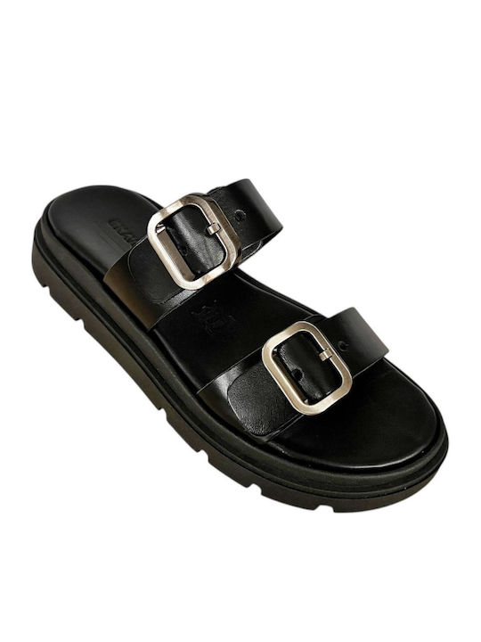 Leather Women's Flat Sandals Flatforms in Black Color