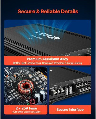 Vevor Car Audio Amplifier 4-channel Bridgeable Car Amplifier Multichannel Class Ab Stereo Amp Max 4 X 250w At 4 Ohms 4 X 500w At 2 Ohms High Output Suvs Pickups Off-road Vehicles