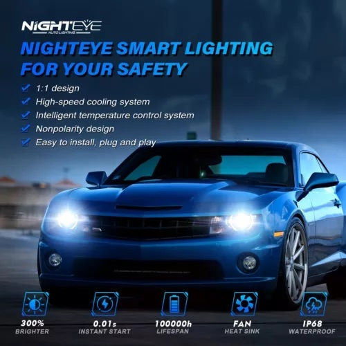 Nighteye A315-s2-h1 72v Canbus Autolampen 6500K Kaltes Weiß 9000lm Autolampen IP68 Wasserdicht Hoch Niedrig Strahlungsbereich H1