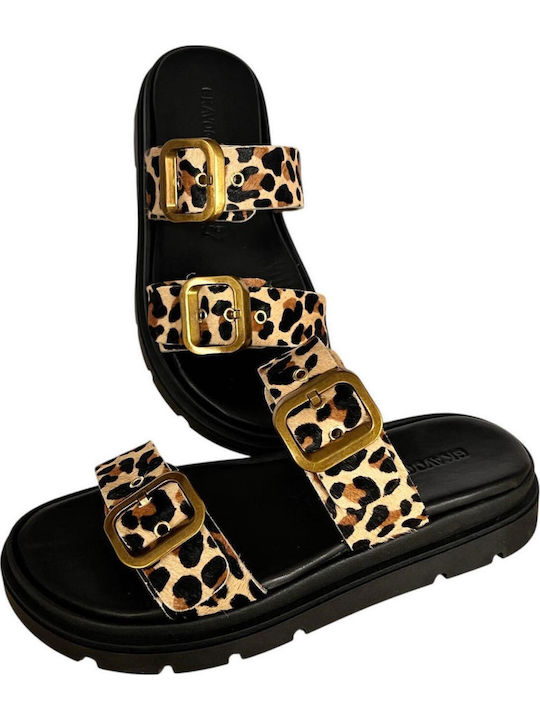 Leather Women's Flat Sandals Flatforms in Brown Color