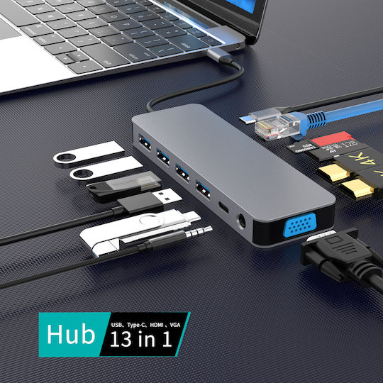 Luvlu USB-C Docking Station με HDMI 4K PD Ethernet και σύνδεση 2 Οθονών Γκρι
