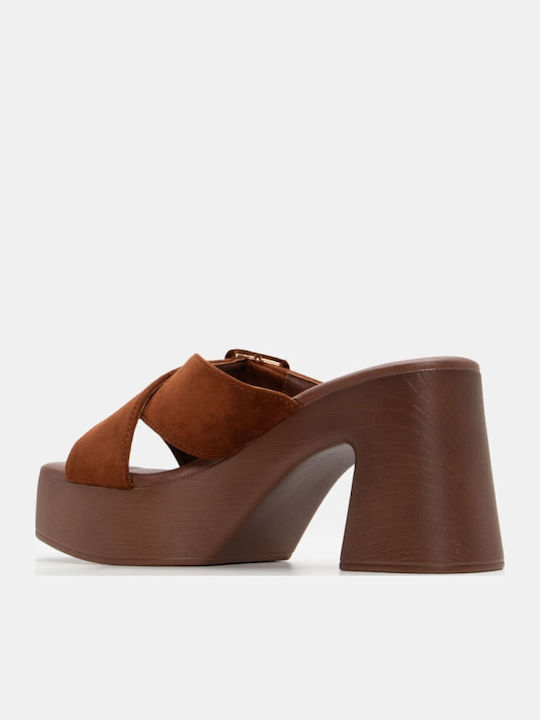 Women's Mules with Chunky High Heel in Brown Color