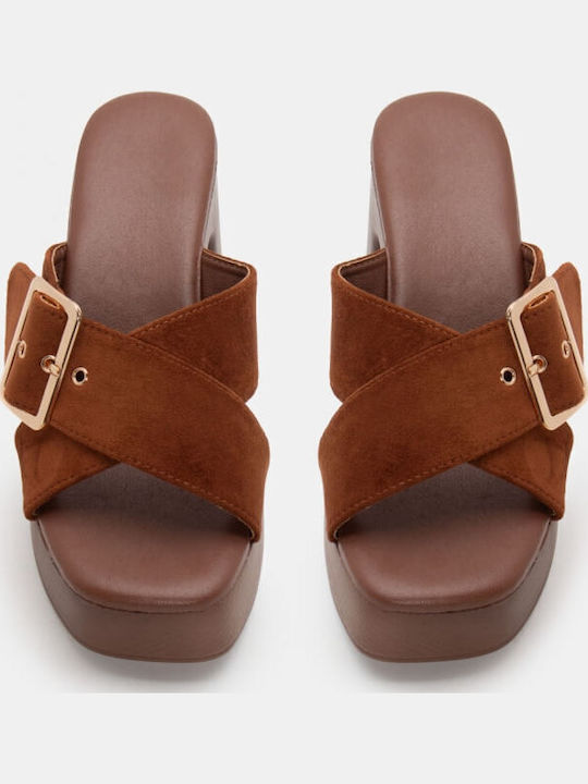 Women's Mules with Chunky High Heel in Brown Color